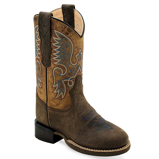 Old West Youth Unisex Broad Round Toe Burnt Dark Brown Leather Cowboy Boots