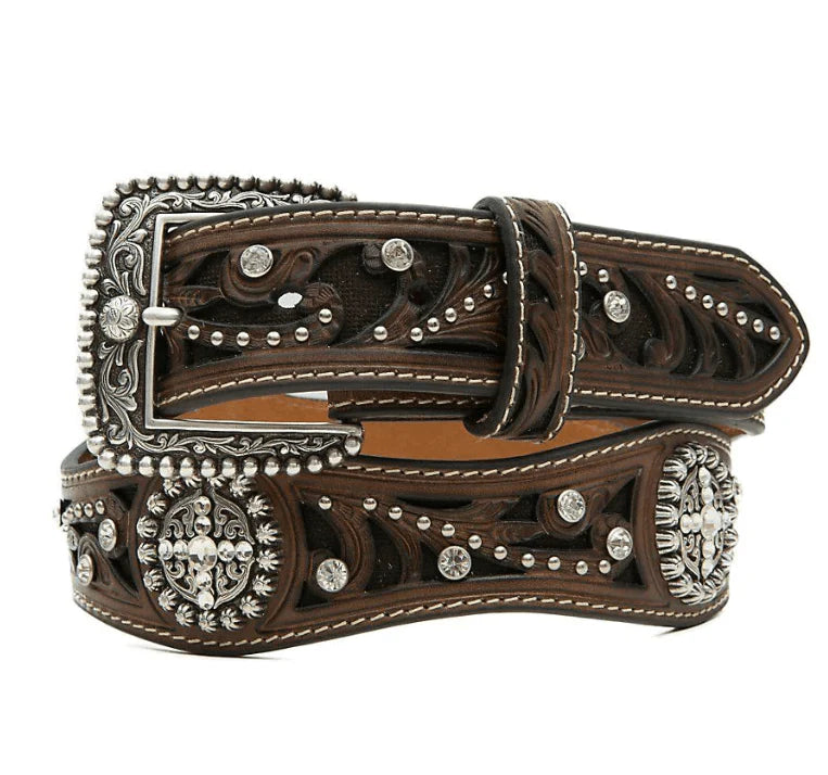 Ariat Womens Brown Scroll Inlay Crystal Embellished Scalloped Belt